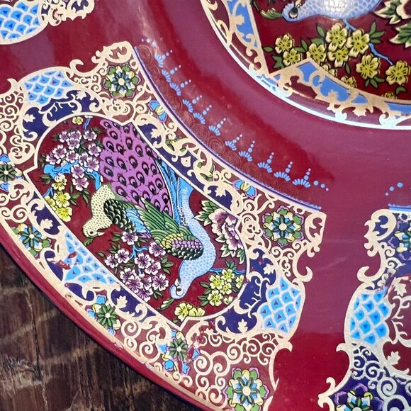 Vintage Red Enamel Decorative Bowl With Floral & Peacock Motifs - Picture 9 of 10